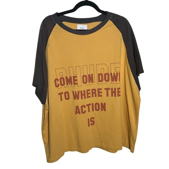 NEW Rhude Men's Action Short Sleeve Raglan T-Shirt Size XXL Casual Yellow Brown - Picture 1 of 12